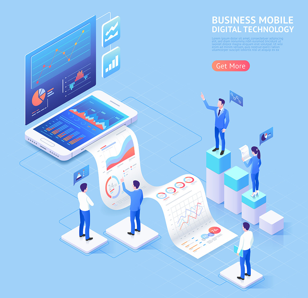 Business mobile application vector isometric illustrations.
