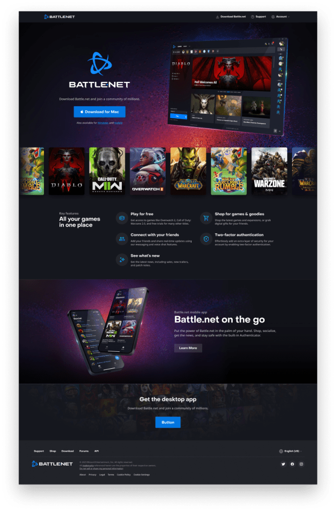 A screenshot of the Battle.net website, showcasing its polish and features such as game downloads, community connection, and mobile app information, featuring vibrant graphics and a user-friendly layout.