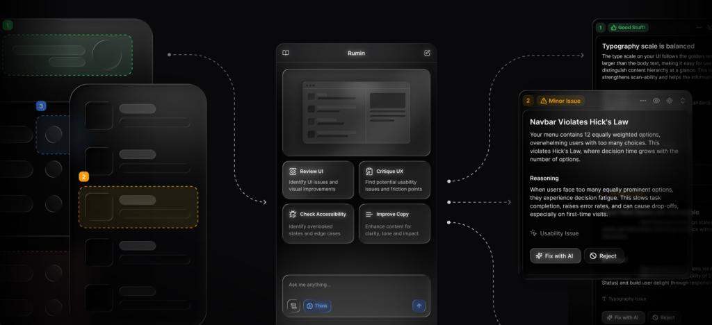 A design review that shows designers commenting on a design concept, highlighting various design elements and usability issues, with sections for reviewing UI, checking accessibility, and improving copy.